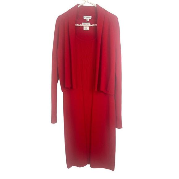 St. John Sport by Marie Gray Red Knit Tank Dress with Red Open Front Cardigan - Picture 1 of 12